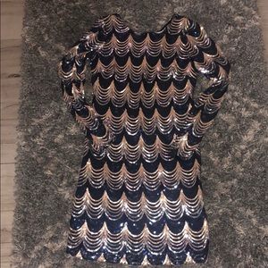 Navy, blush and silver sequin mini dress